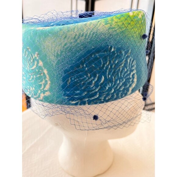 Cloche 1960s Hat Blue Green Threads 3 Depth 21 to 22 " Circumference - Picture 5 of 9